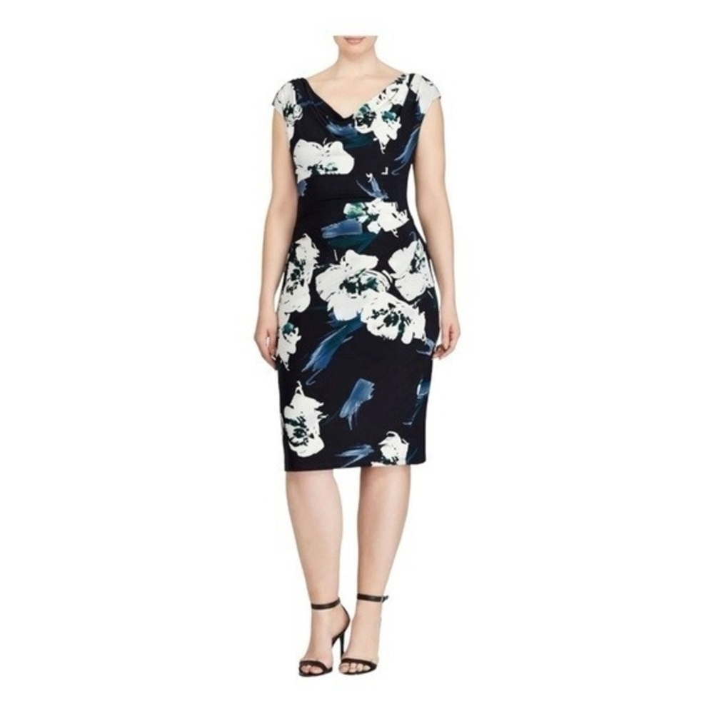 Lauren Ralph Lauren Navy Floral Cowl Neck Sleeveless Sheath Midi Dress Sz 18W VG - Picture 4 of 9